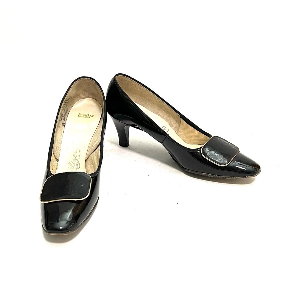 Vintage 1960s black vegan patent leather oversized buckle slip on pilgrim heels